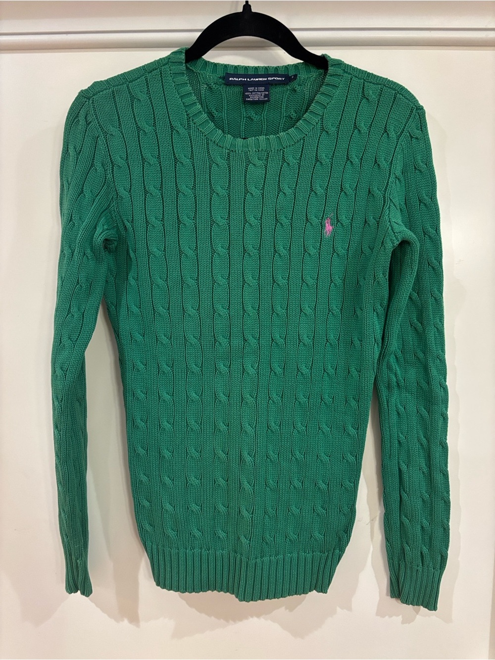 Ralph Lauren Sport Green Cable Knit Crewneck Sweater Pink Pony Size S Preppy Y2K